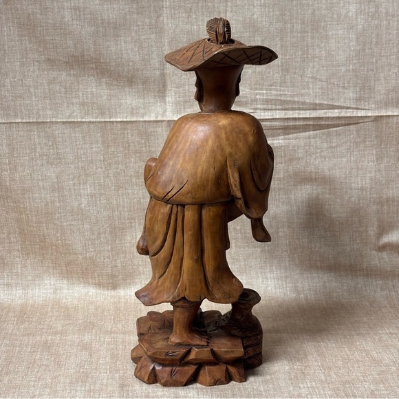 Antique Chinese Wood Carving, Wise Man with big Fish and Jug - Picture 4 of 7